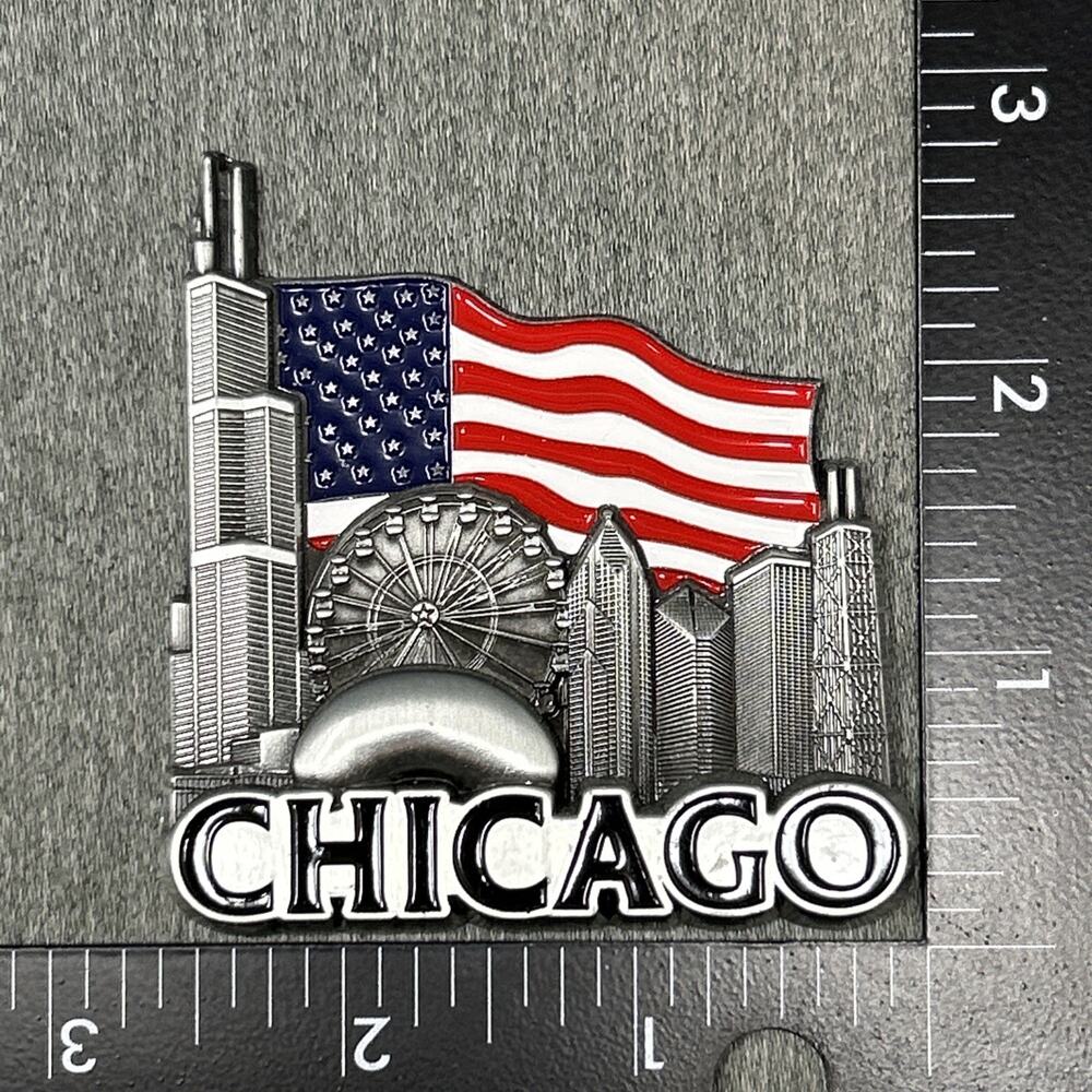 Chicago Illinois Skyline Silver Magnet 3D Travel Souvenir 3" American Flag Color